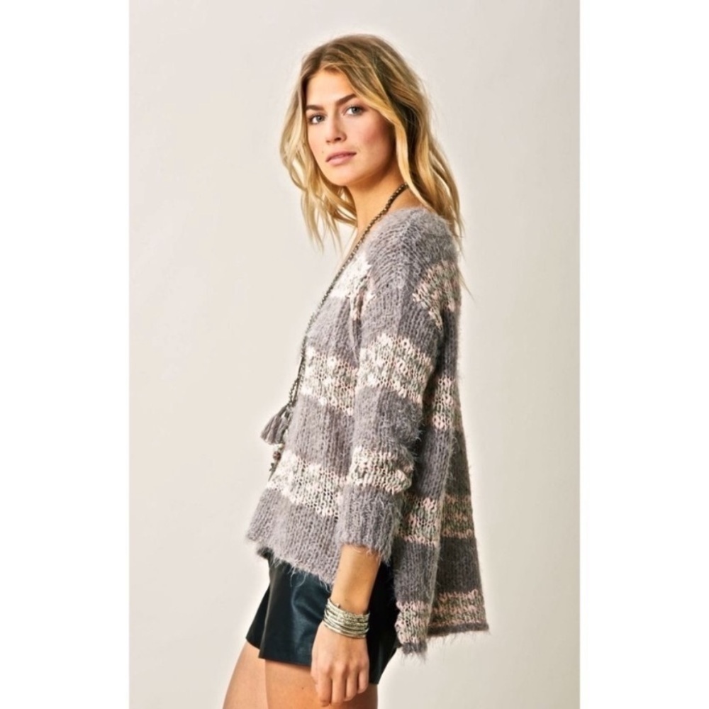 Free People Linus Striped Eyelash Fuzzy Wool Blend Sweater Gray Pink Size S